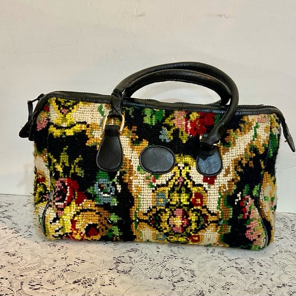 Vintage, Jana, Black, Floral, Hand Made Tapestry Handbag 13in L x 10in H x 4in W - Picture 5 of 12
